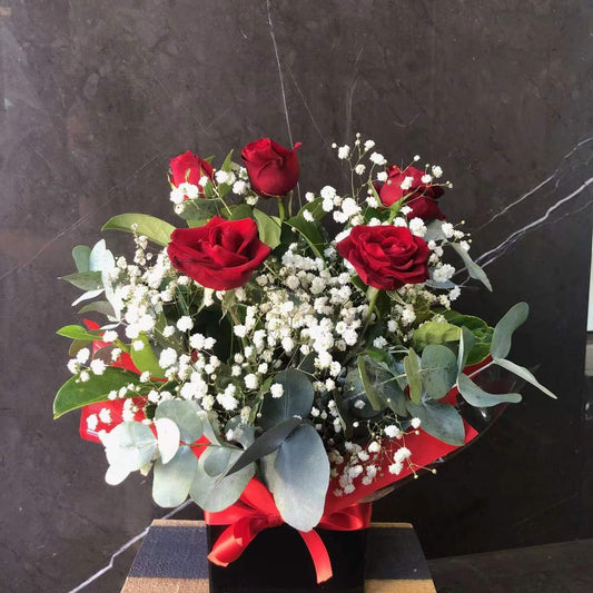 Half dozen Red Rose (with baby's breath) Box Arrangement