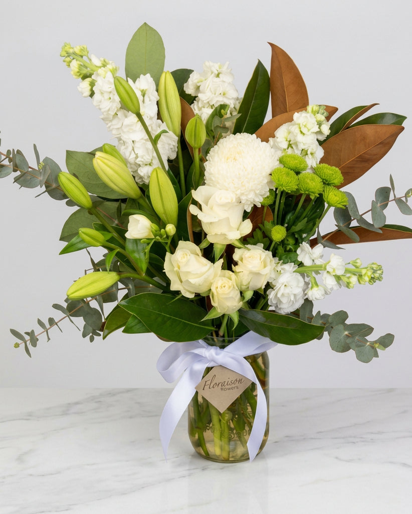 Florist Choice Flower Arrangement In A Jar Deluxe (White and Green Theme)