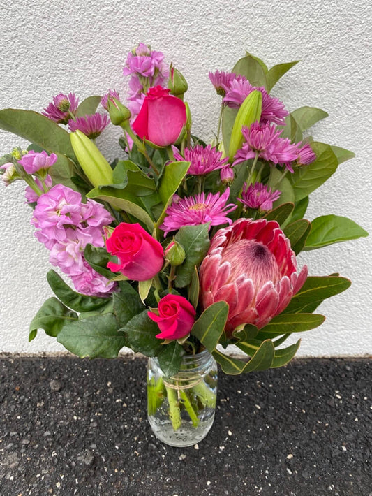 Florist Choice Flower Arrangement In A Jar (Hot Pink Theme)