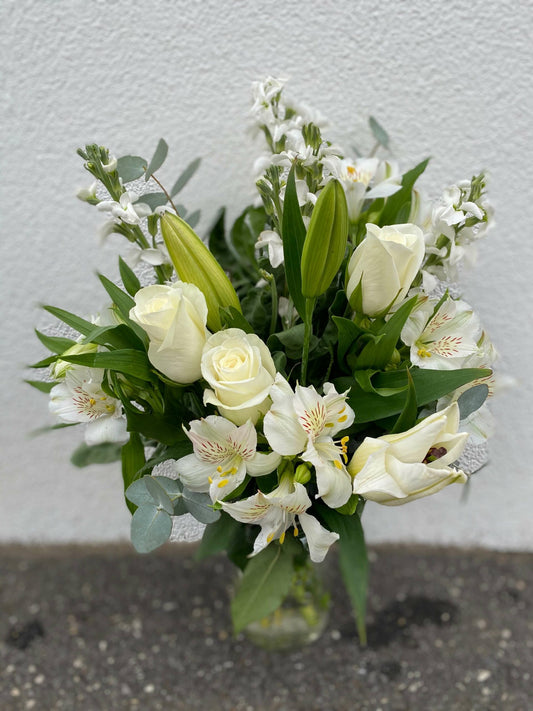 Florist Choice Flower Arrangement In A Jar (White and Green Theme)