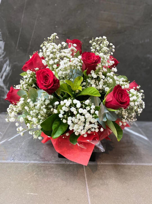 A dozen Red Rose (with baby's breath) Box Arrangement