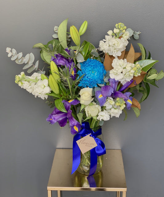 Florist Choice Flower Arrangement In A Jar Deluxe (Purple & Blue Theme)