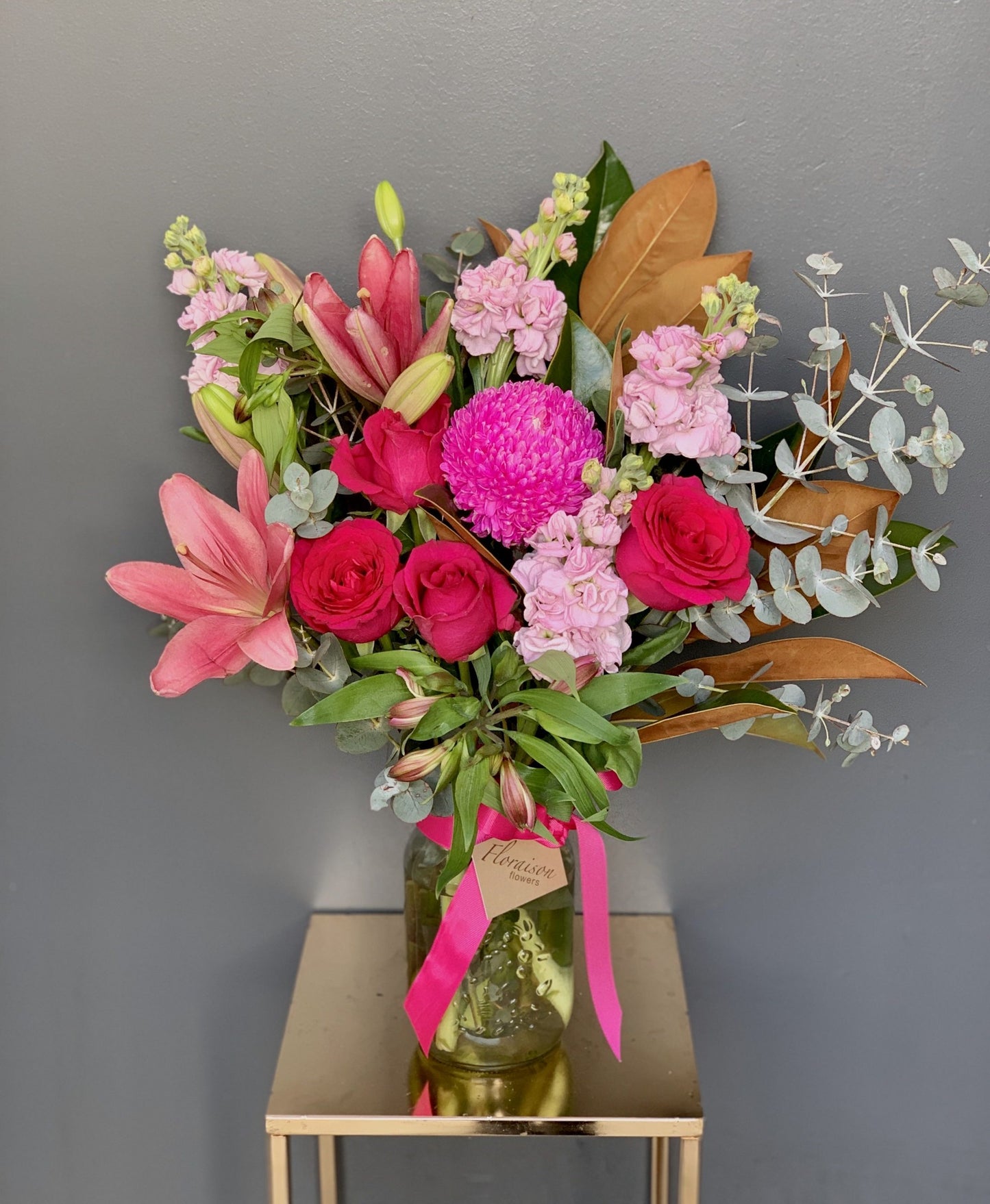 Florist Choice Flower Arrangement In A Jar Deluxe (Hot Pink Theme)