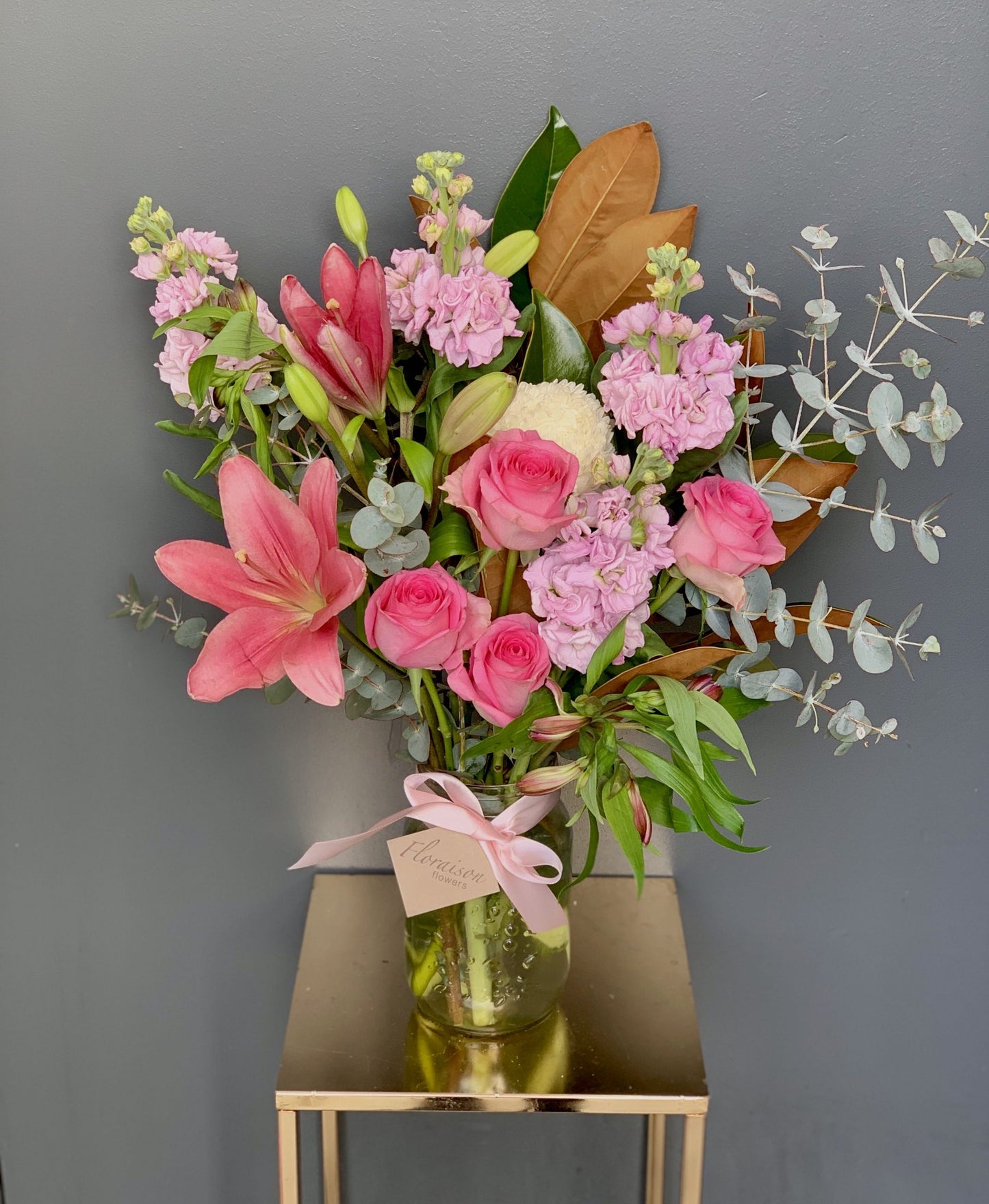 Florist Choice Flower Arrangement in a Jar Deluxe (Light Pink Theme)